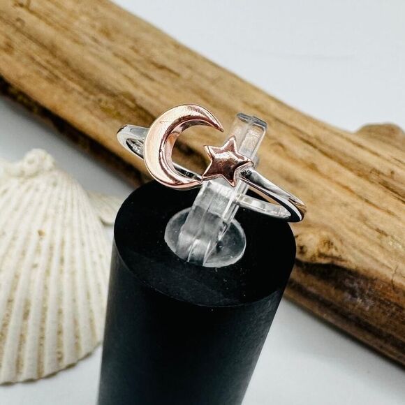 Sterling Silver Moon & Star Ring – Rose Gold & Rhodium Plated - Picture 1 of 4